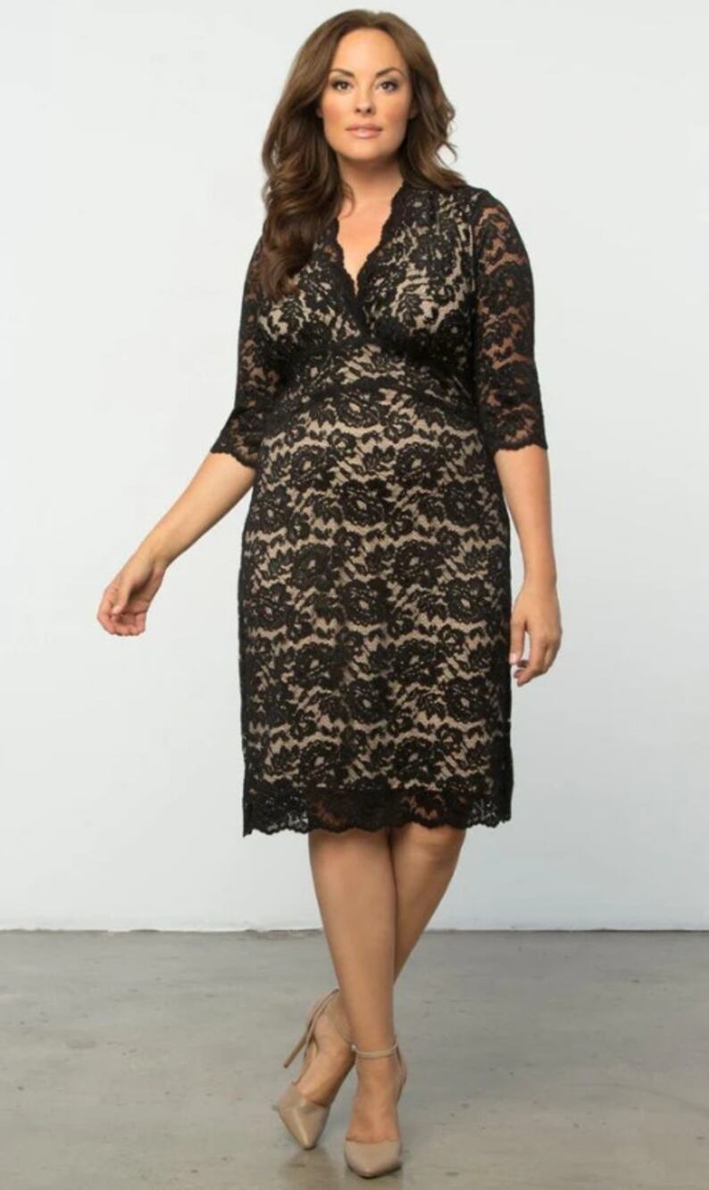 Kiyonna Boudoir Scalloped Lace Cocktail Dress Black Nude Plus Size Romantic Chic